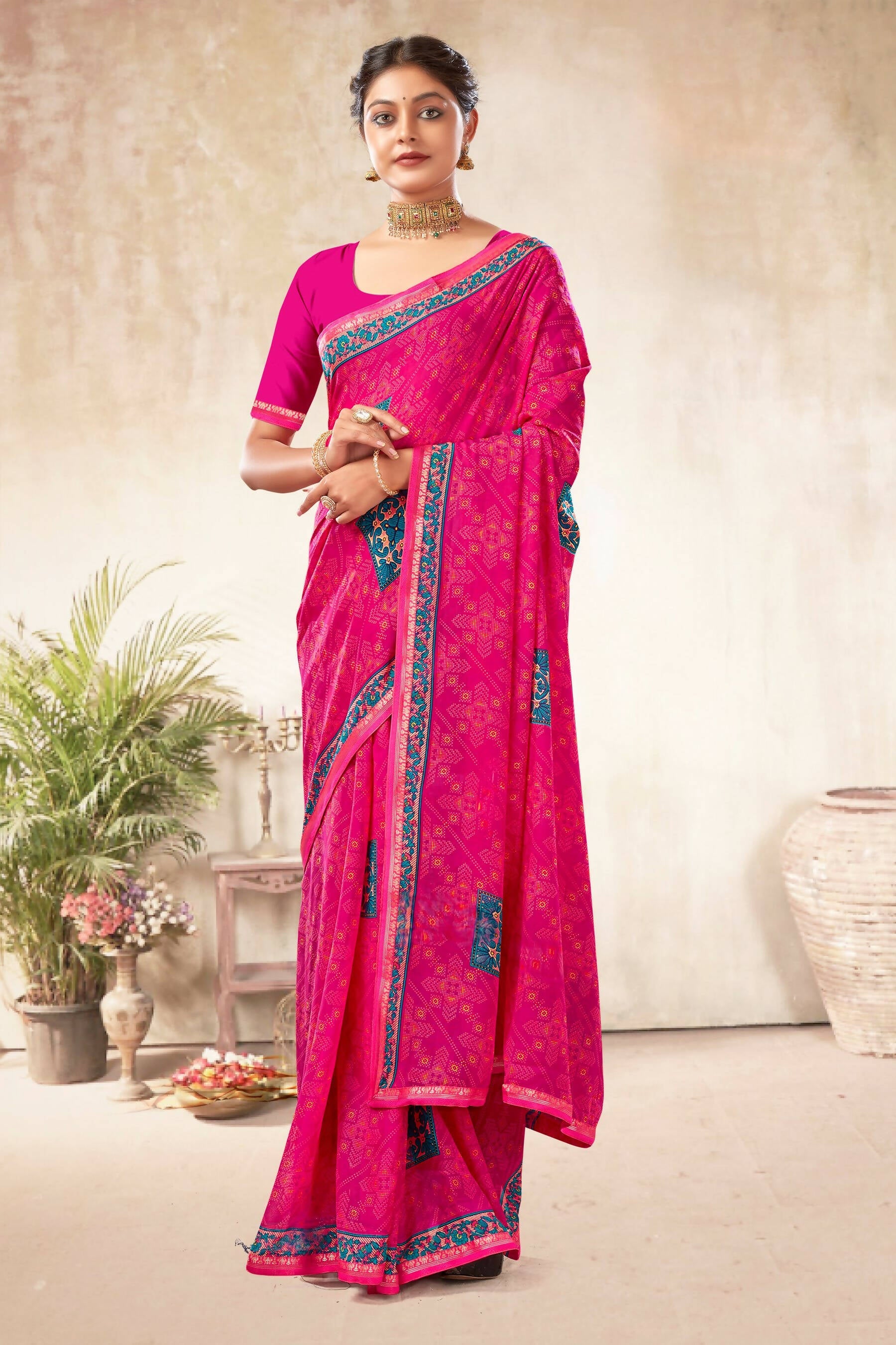 Pink Georgette Bandhni Printed Saree With Unstitched Blouse Piece - Shanaya | Grocsy
