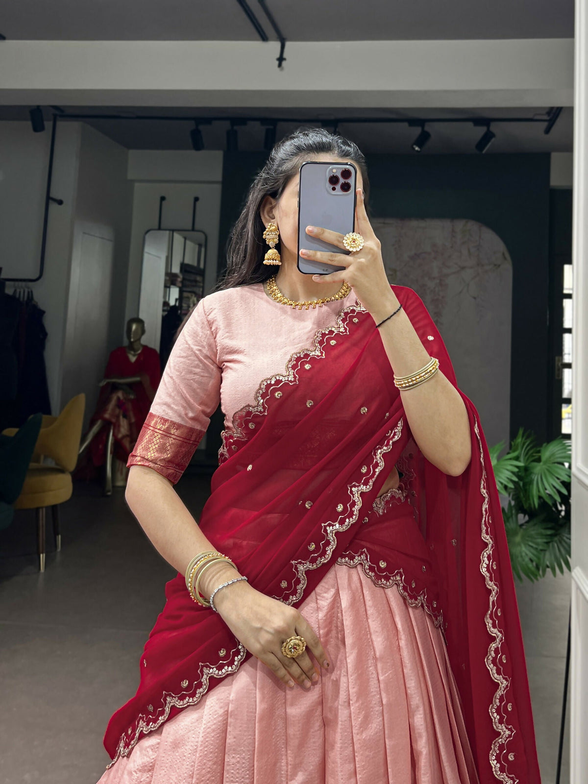 Lorenvalley Fashion Peach Cotton Silk Zari Weaving Work Lehenga Choli with Dupatta | Grocsy