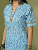 Myshka Women's Blue Printed Cotton Straight Party Kurta Set | Grocsy
