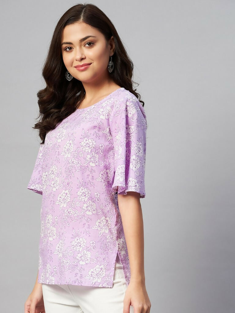 Miravan Women's Lavender-Coloured Bell Sleeve Floral Print Kurti | Grocsy