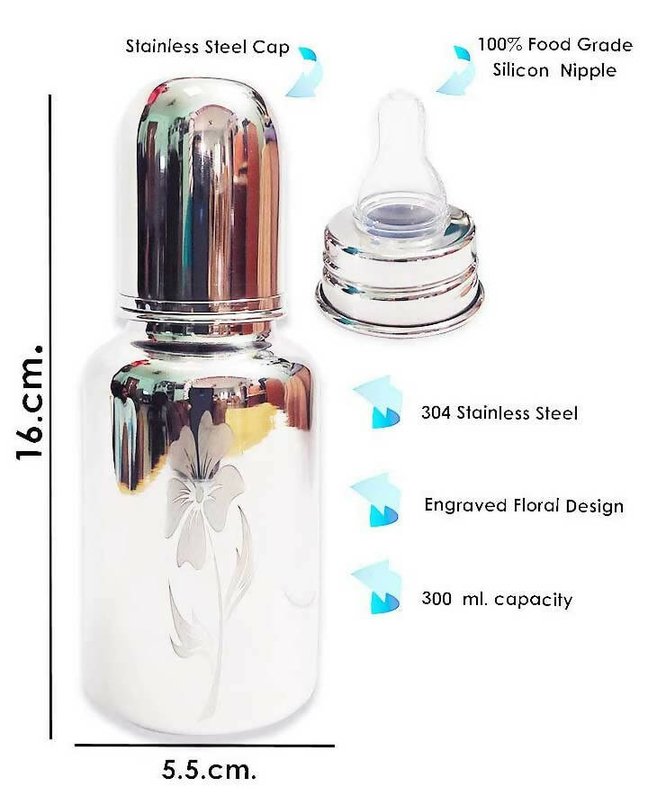 Goodmunchkins Stainless Steel Feeding Bottle with Bottle Cleaning Brush/Chakku/Anti Colic Silicone Nipple Combo-(300ml,Blue) | Grocsy
