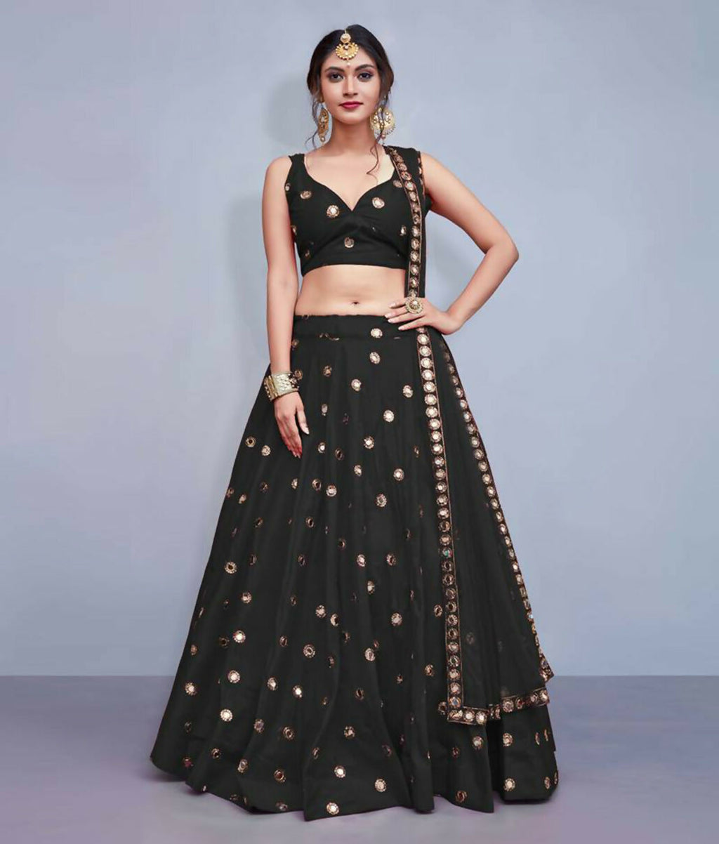 Jyoti Fashion Beautiful Black Embroidered with Mirror work Art Silk Party Wear Lehenga Choli with Dupatta | Grocsy
