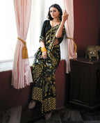 Black Georgette Brasso Floral Printed Saree With Unstitched Blouse Piece - Zyanya | Grocsy