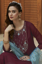 Wine Chinon Embroidered Kurta and Bottom with Dupatta - Akashara | Grocsy