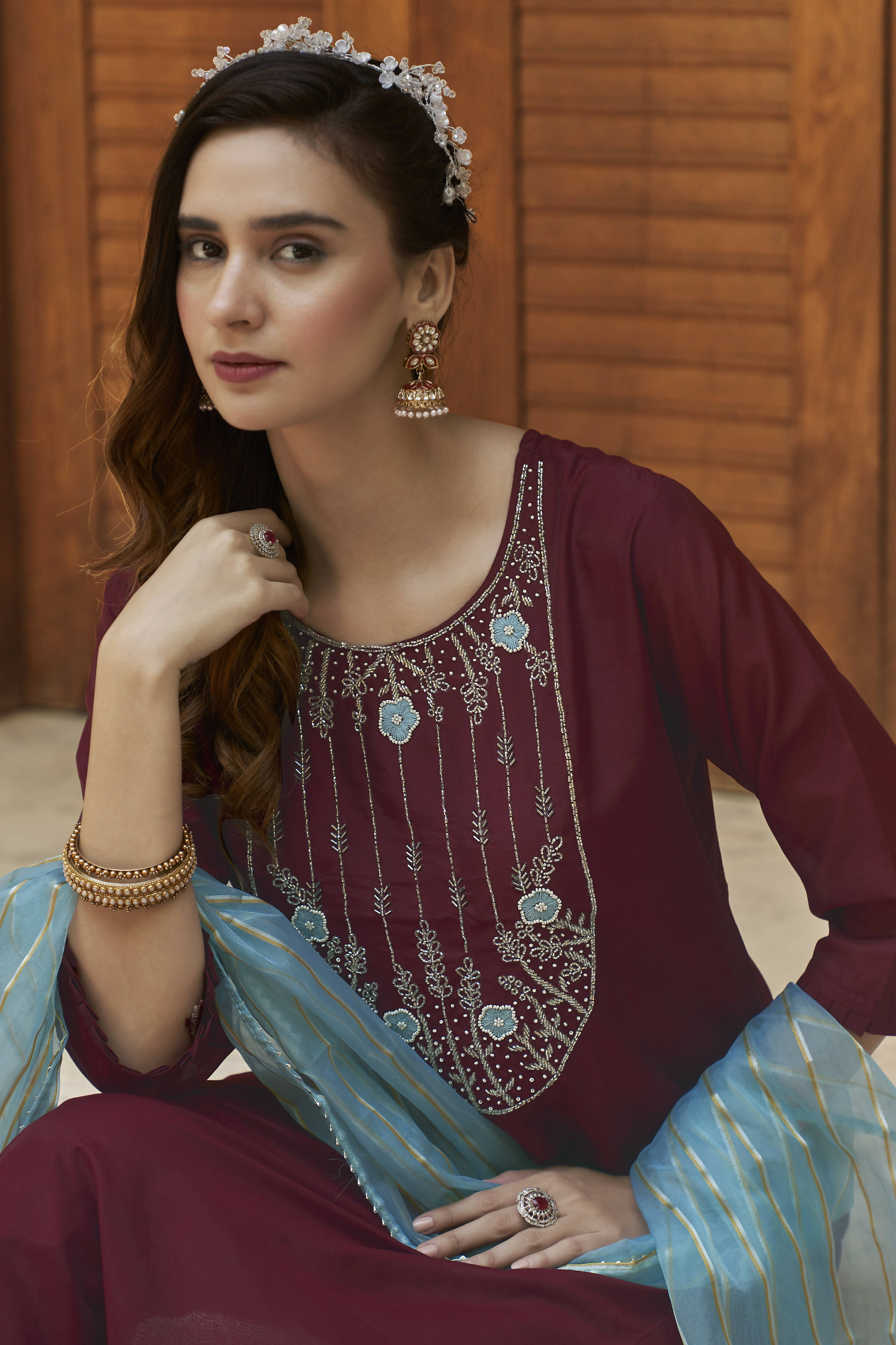 Wine Chinon Embroidered Kurta and Bottom with Dupatta - Akashara | Grocsy