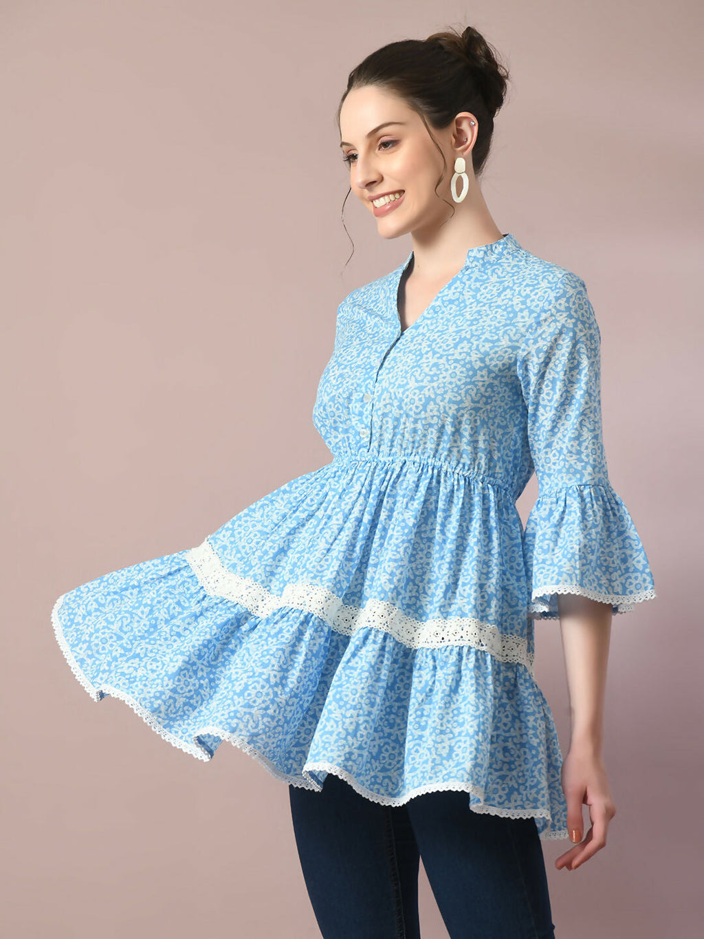 Myshka Women's Blue Embellished Cotton Gathered Party Empire Top | Grocsy