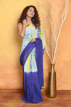 Very Much Indian Tie & Dye Handloom Mul Cotton Saree - Blue Green | Grocsy