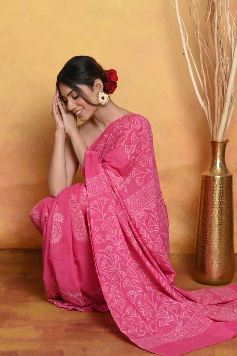 Very Much Indian Handblock Printed Cotton Saree With Natural Dyes - Pink | Grocsy