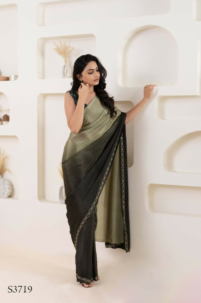 Grey Satin Pedding Designer, Printed Party Wear Ready To Wear Saree - Femina | Grocsy