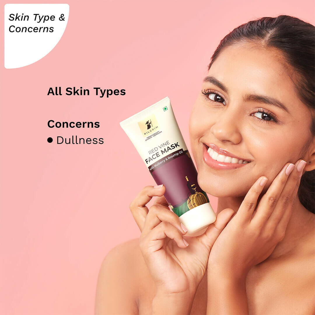 Pilgrim Anti Ageing Red Vine Face Mask with Mulberry Extracts & Rosehip Oil For Glowing Skin, De-Tan, Dark Spots, Blackheads Removal | Grocsy