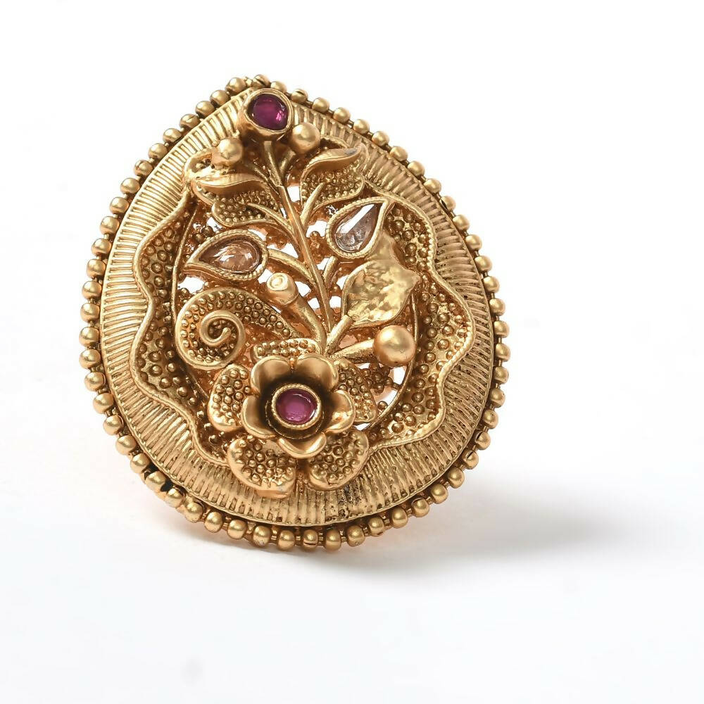 Mominos Fashion Joharkamal Gold-Polished Stone Studded Adjustable Finger Ring - Design 07 | Grocsy