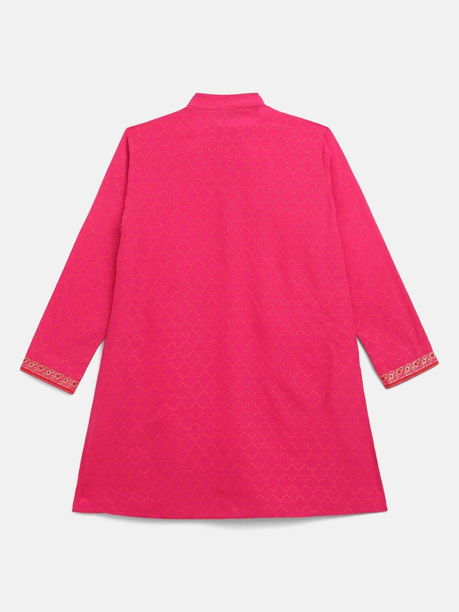 Ahalyaa Pink Crepe Orange Khari Print Kids Kurta Churidar Set For Boys | Grocsy