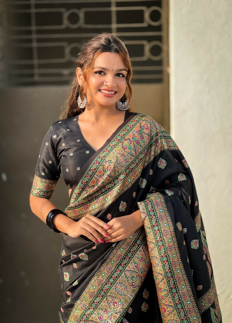 Black Pashmina Silk Wevon Kashmiri Meenakari Designer Saree with Unstitched Blouse - Vandini | Grocsy