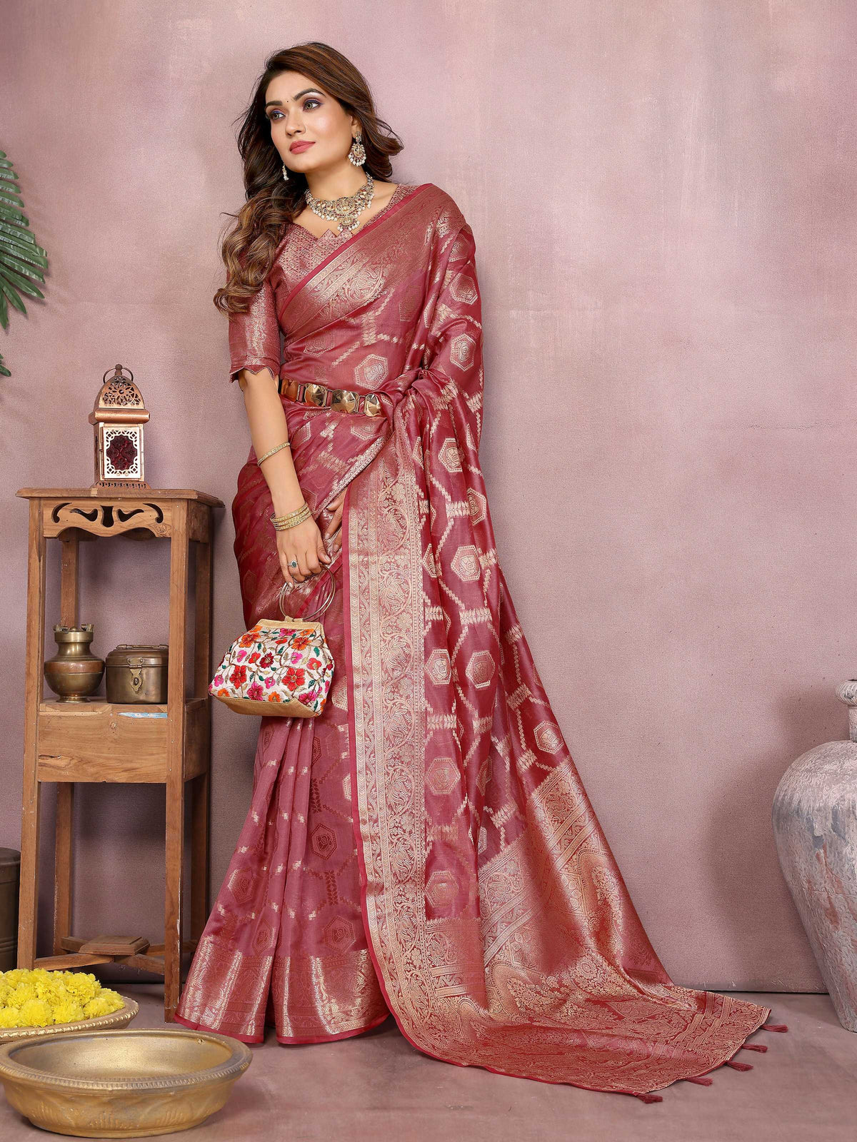 Aastha Fashion Dark Pink Soft Organza Silk Weaving Saree | Grocsy