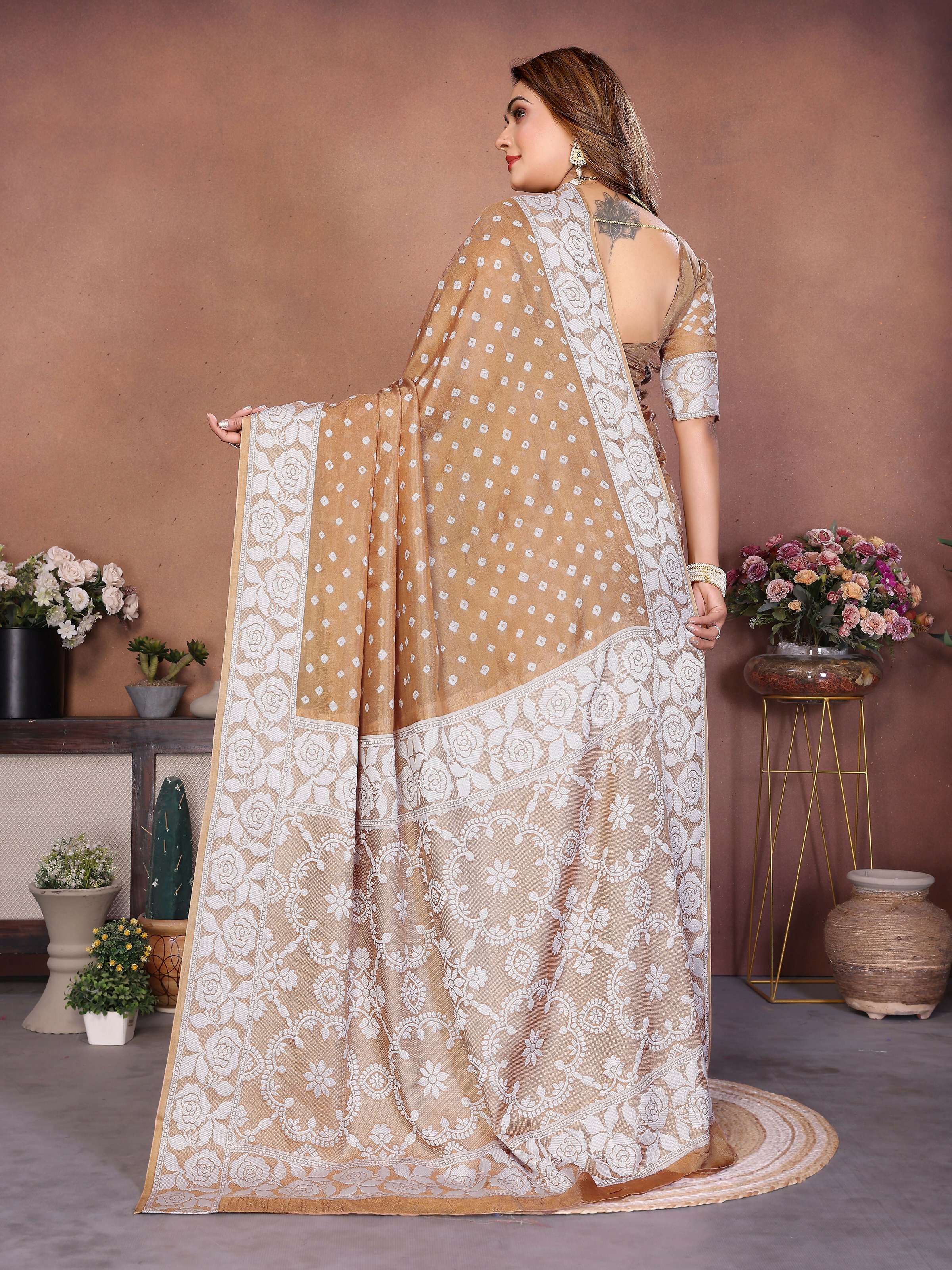 Aastha Fashion Light Brown Viscose Silk Handmade Original Bandhej Saree | Grocsy