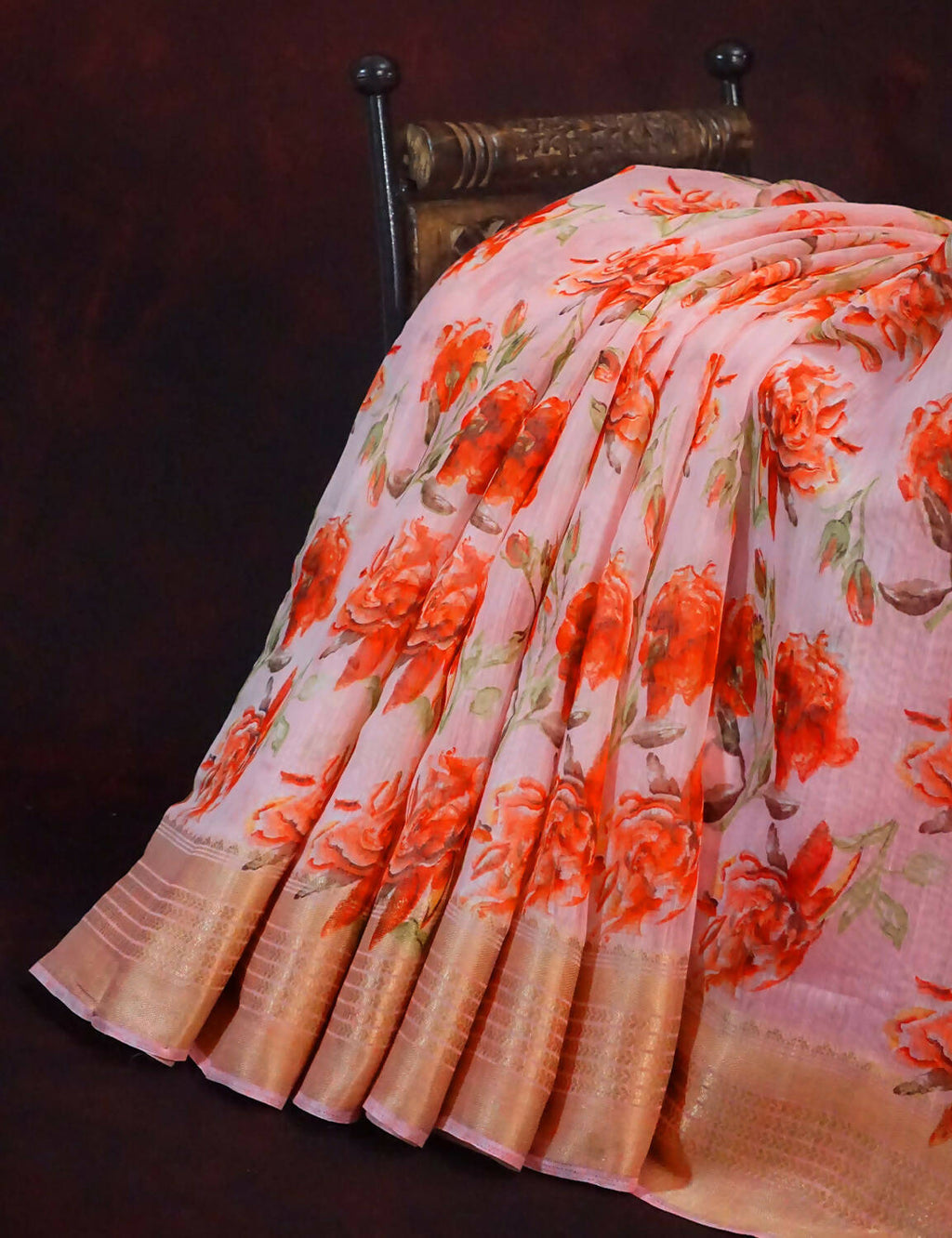 Shades Of Baby Peach With Floral Design Semi Chanderi Saree By Gayathri Reddy Designer Studio | Grocsy