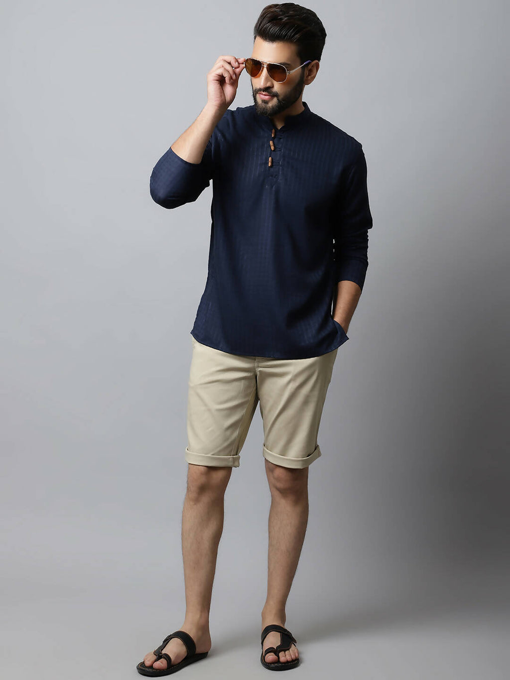 Even Apparels Navy blue Color Pure Cotton Men's Kurta With Side Placket (CHK082) | Grocsy