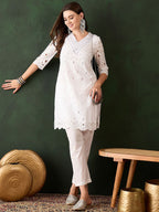 Sangria White Floral Embroidered V-Neck Mirror Work Pure Cotton Kurta with Trousers | Grocsy
