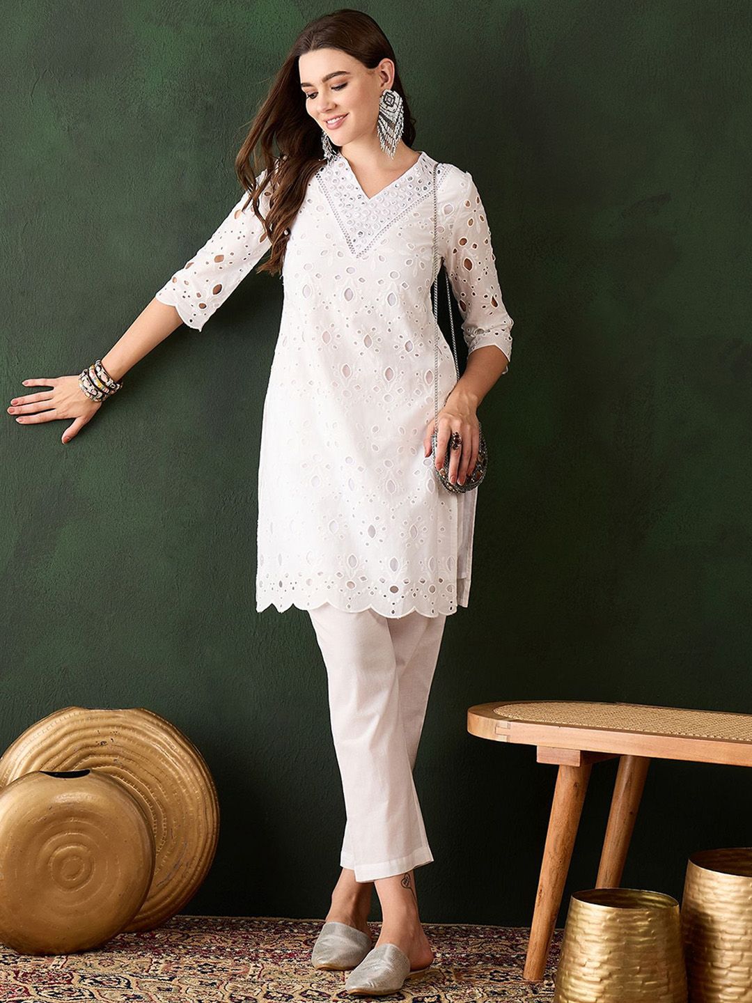 Sangria White Floral Embroidered V-Neck Mirror Work Pure Cotton Kurta with Trousers | Grocsy