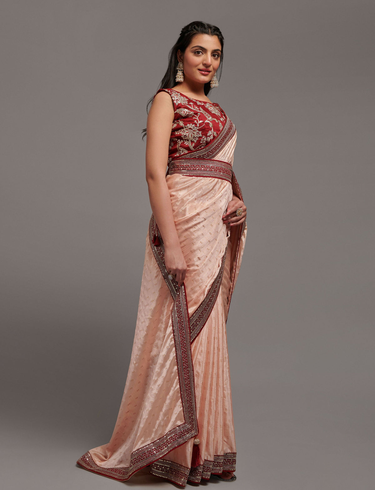 PR Fashion Peach Chinon Embroidery Lace Saree | Grocsy