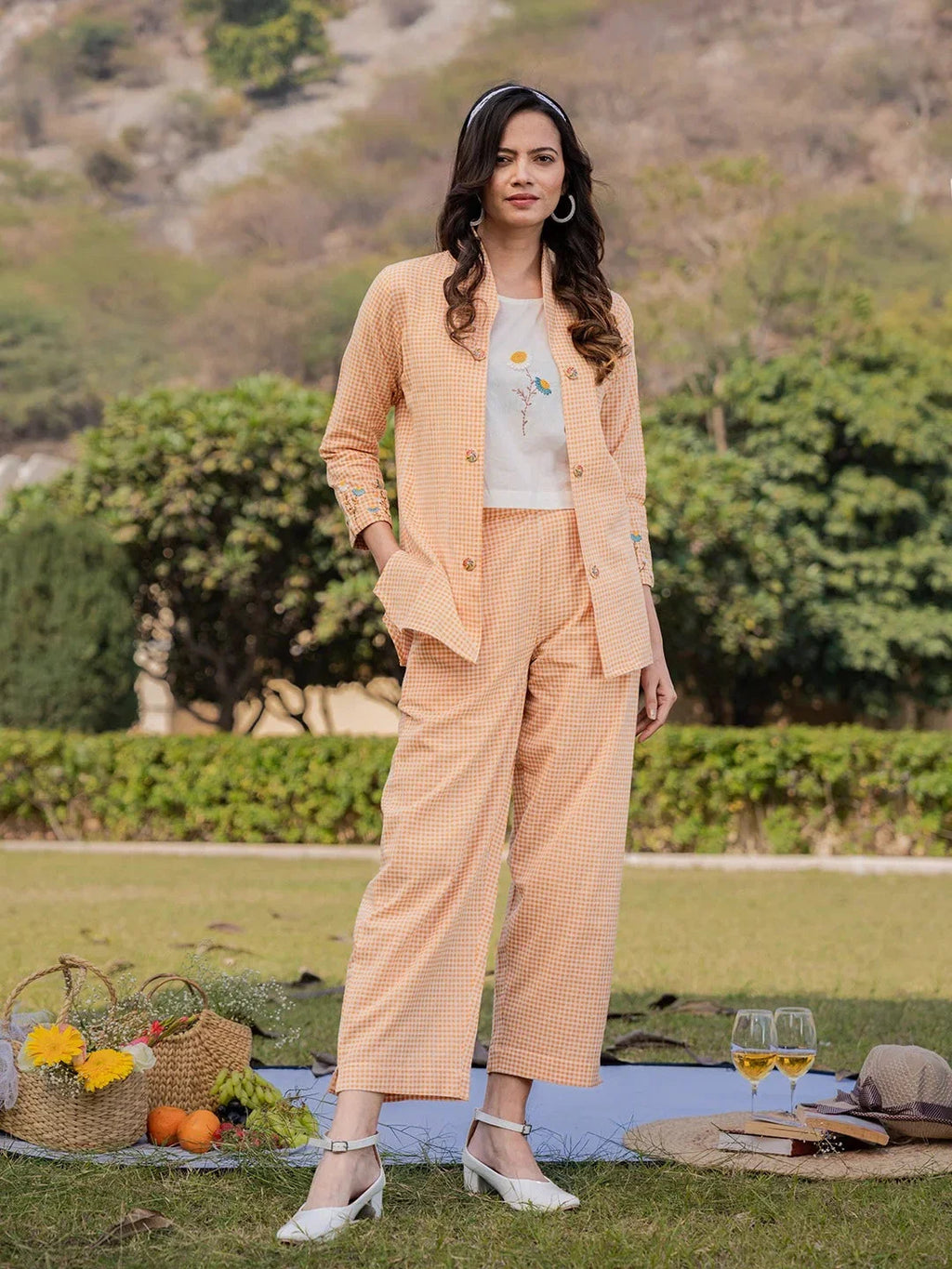 Yufta Weaved Cotton Checks Printed Co Ord Set With Embroidery | Grocsy