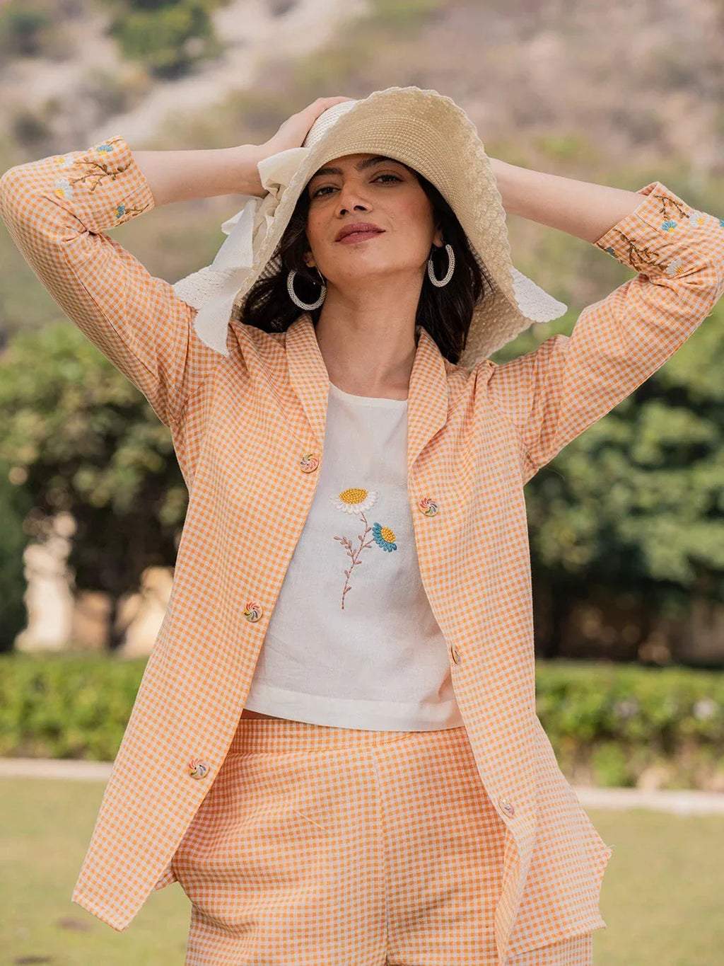 Yufta Weaved Cotton Checks Printed Co Ord Set With Embroidery | Grocsy