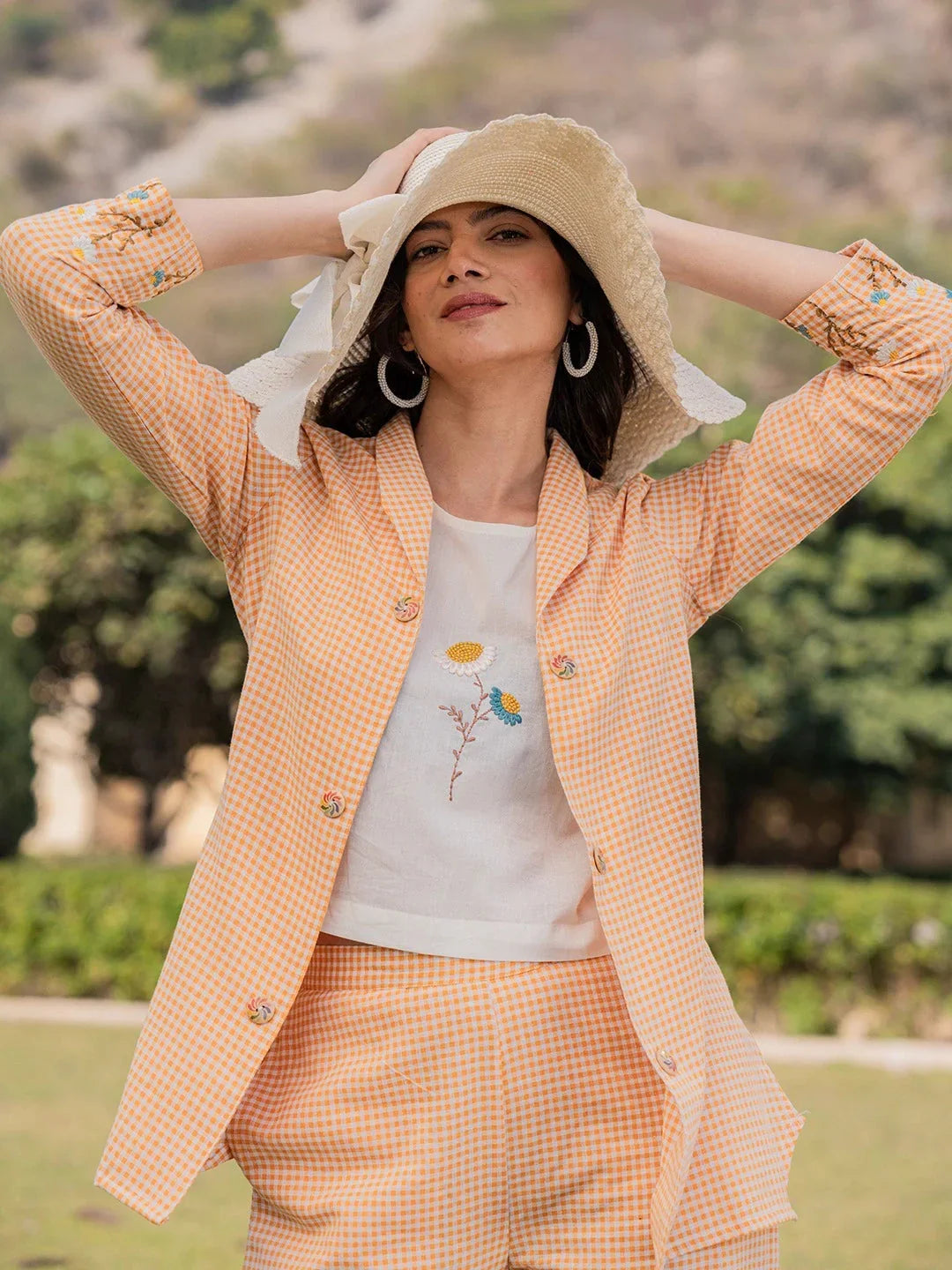 Yufta Weaved Cotton Checks Printed Co Ord Set With Embroidery | Grocsy
