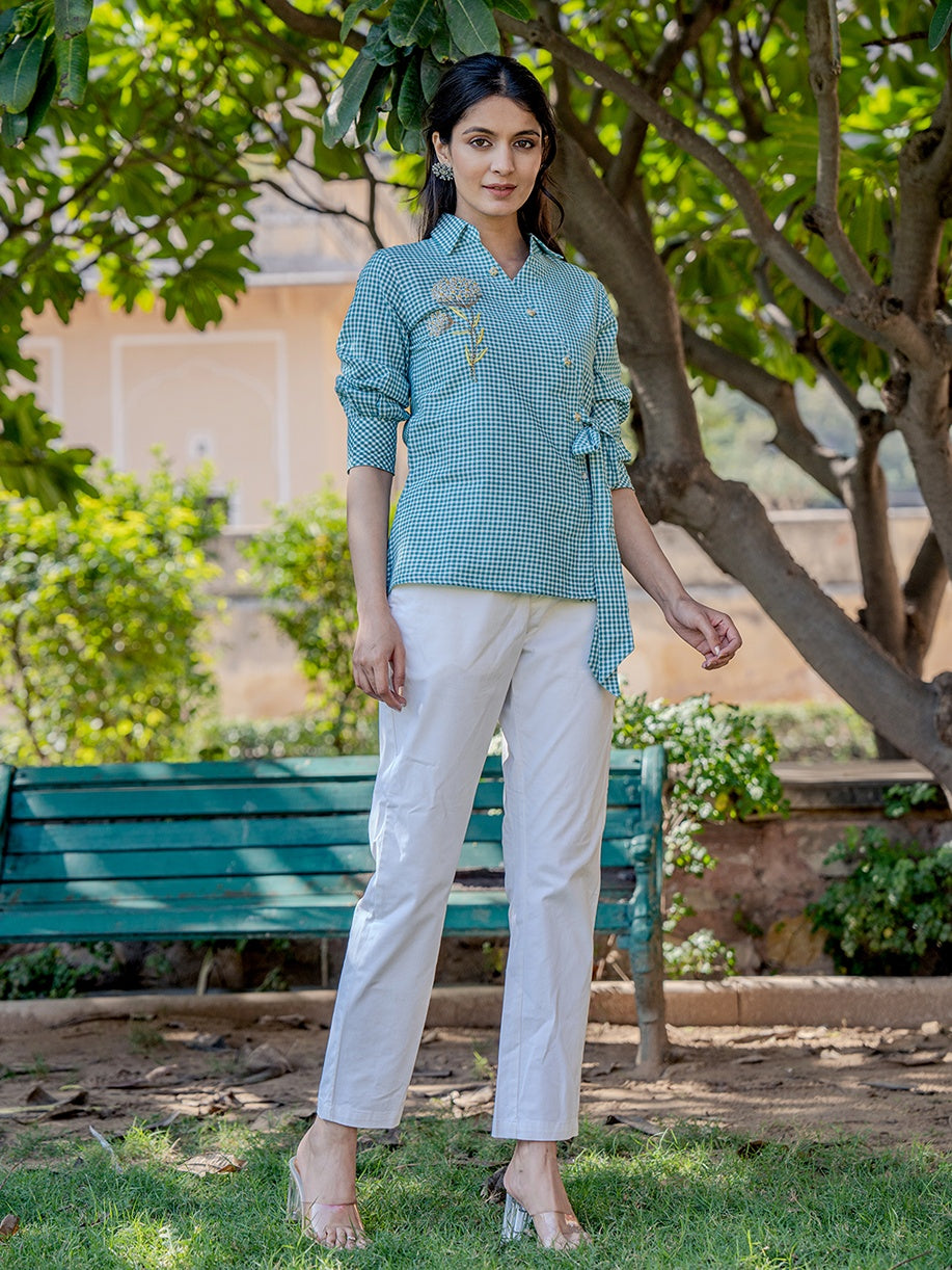Yufta Weaved Sea Green Cotton Checks Printed Top With Embroidery | Grocsy