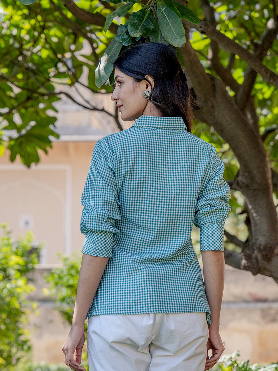 Yufta Weaved Sea Green Cotton Checks Printed Top With Embroidery | Grocsy