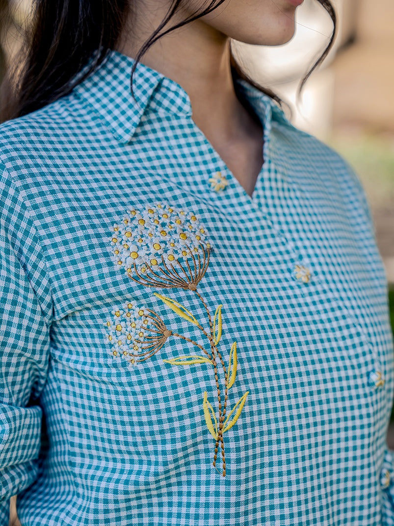 Yufta Weaved Sea Green Cotton Checks Printed Top With Embroidery | Grocsy