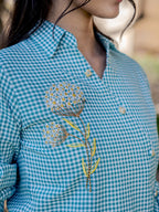 Yufta Weaved Sea Green Cotton Checks Printed Top With Embroidery | Grocsy