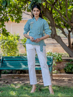 Yufta Weaved Sea Green Cotton Checks Printed Top With Embroidery | Grocsy