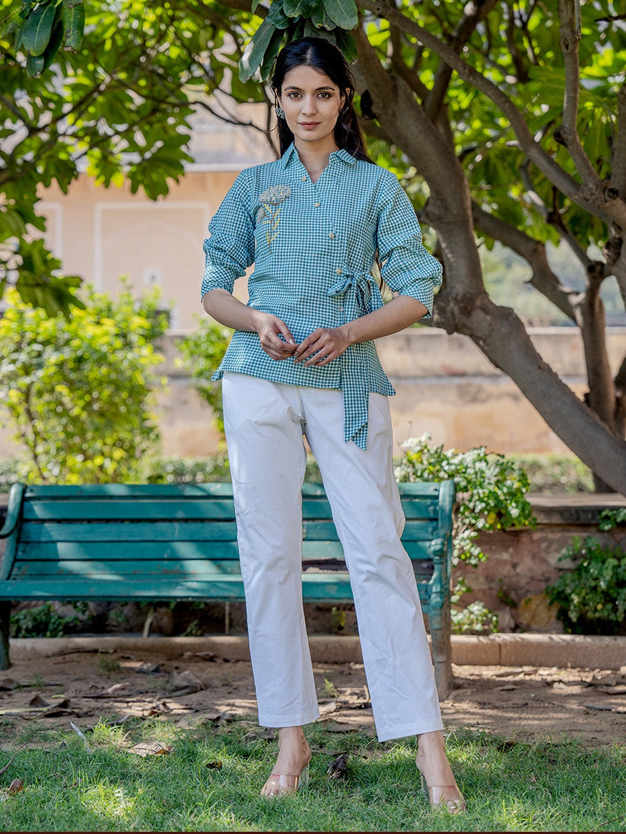 Yufta Weaved Sea Green Cotton Checks Printed Top With Embroidery | Grocsy