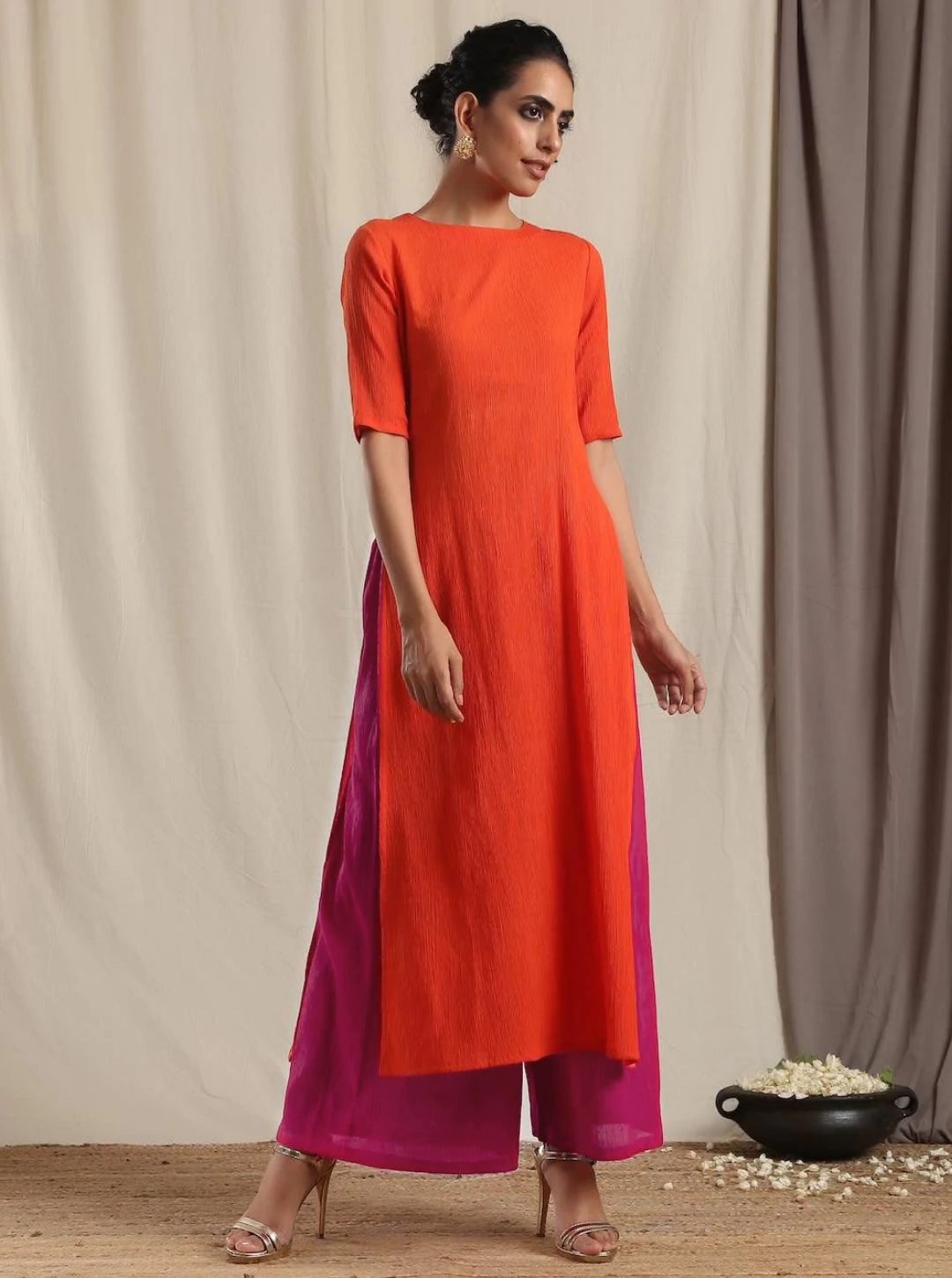 trueBrowns Orange Crinkle Slit Kurta Pant Set | Grocsy