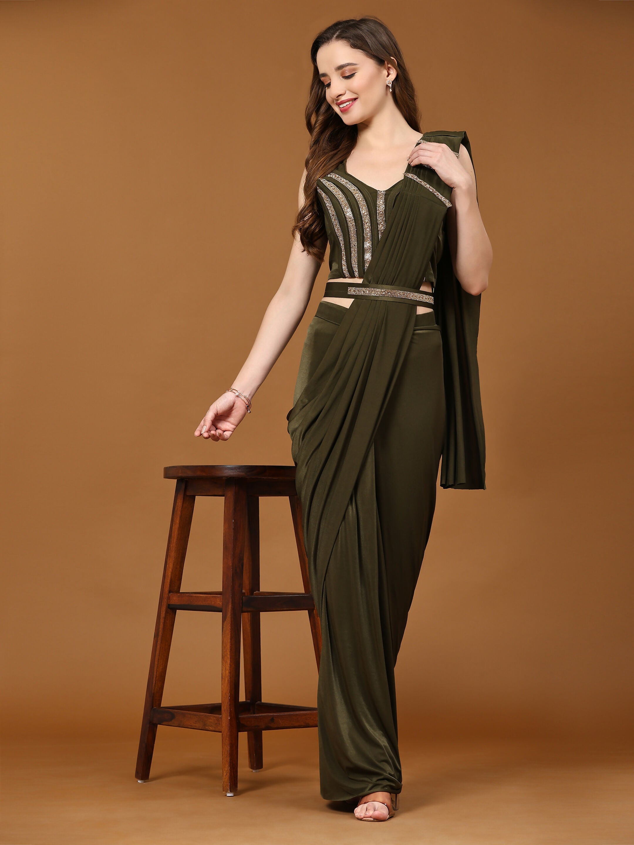 Green Polyester Solid Ready to Wear Saree with stitched Blouse - Nita | Grocsy