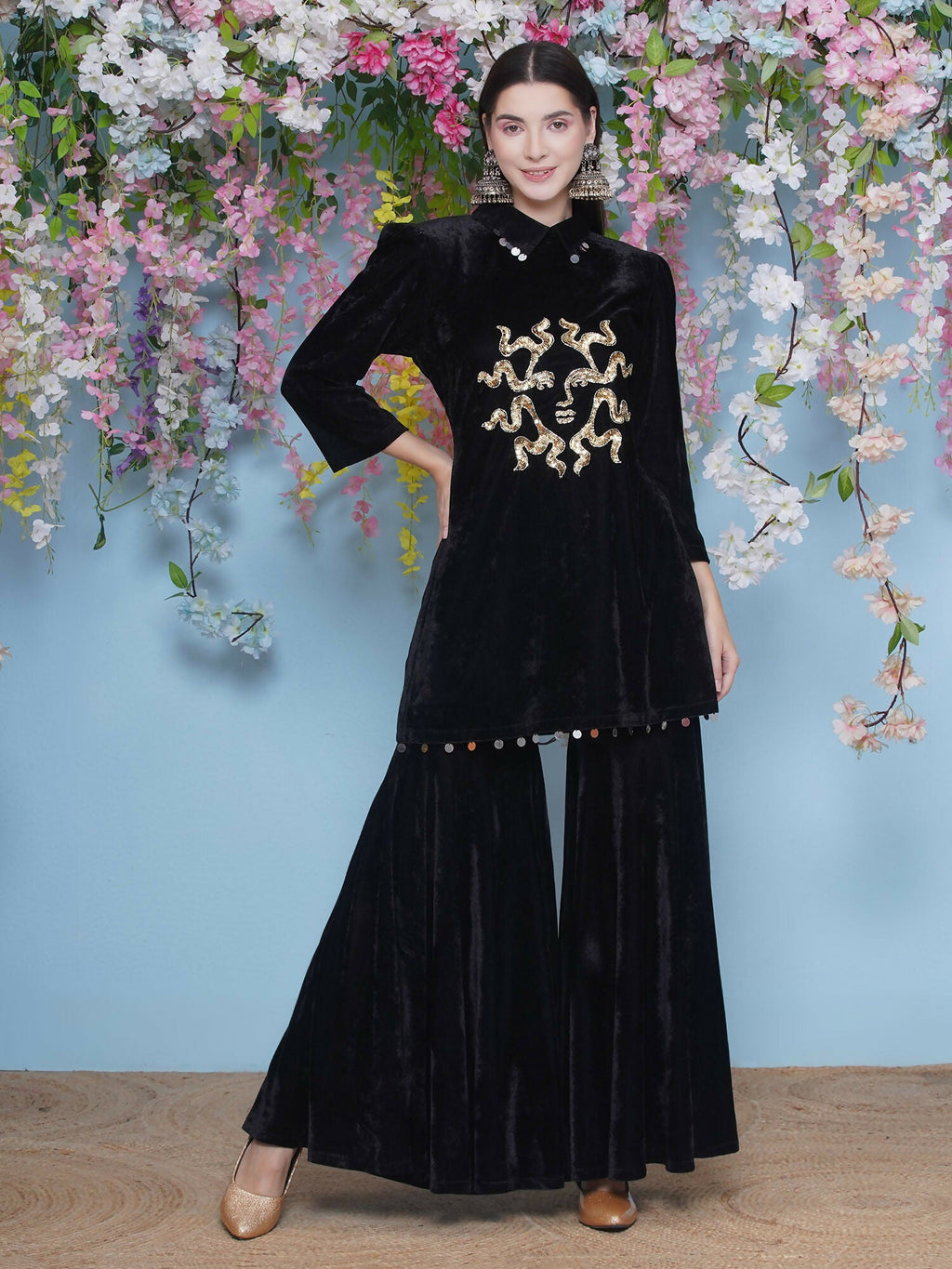 Joban Fashion Black Velvet Sharara Set | Grocsy