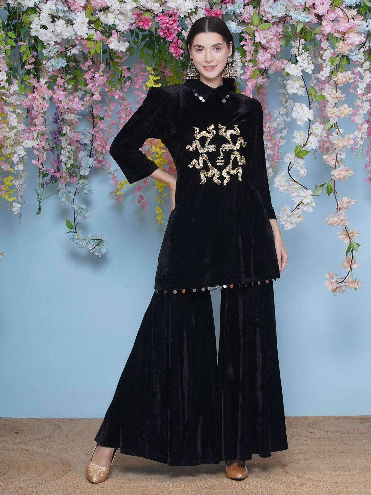Joban Fashion Black Velvet Sharara Set | Grocsy