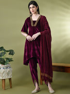 Sangria Yoke Design Velvet Kurta & Dhoti Pants With Dupatta | Grocsy
