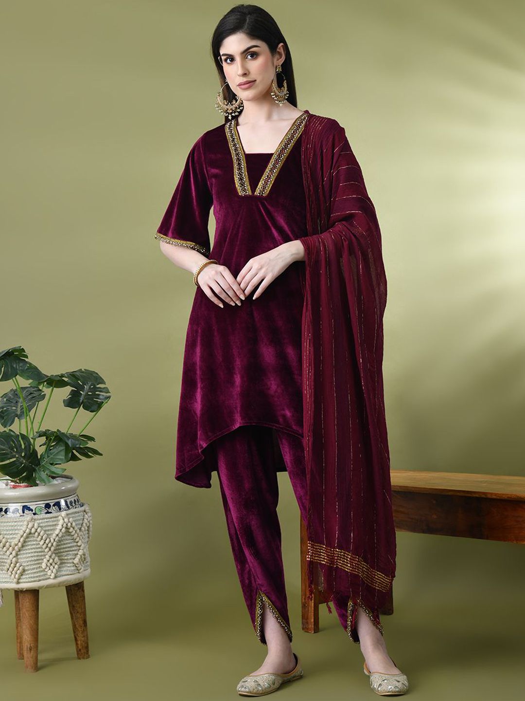 Sangria Yoke Design Velvet Kurta & Dhoti Pants With Dupatta | Grocsy