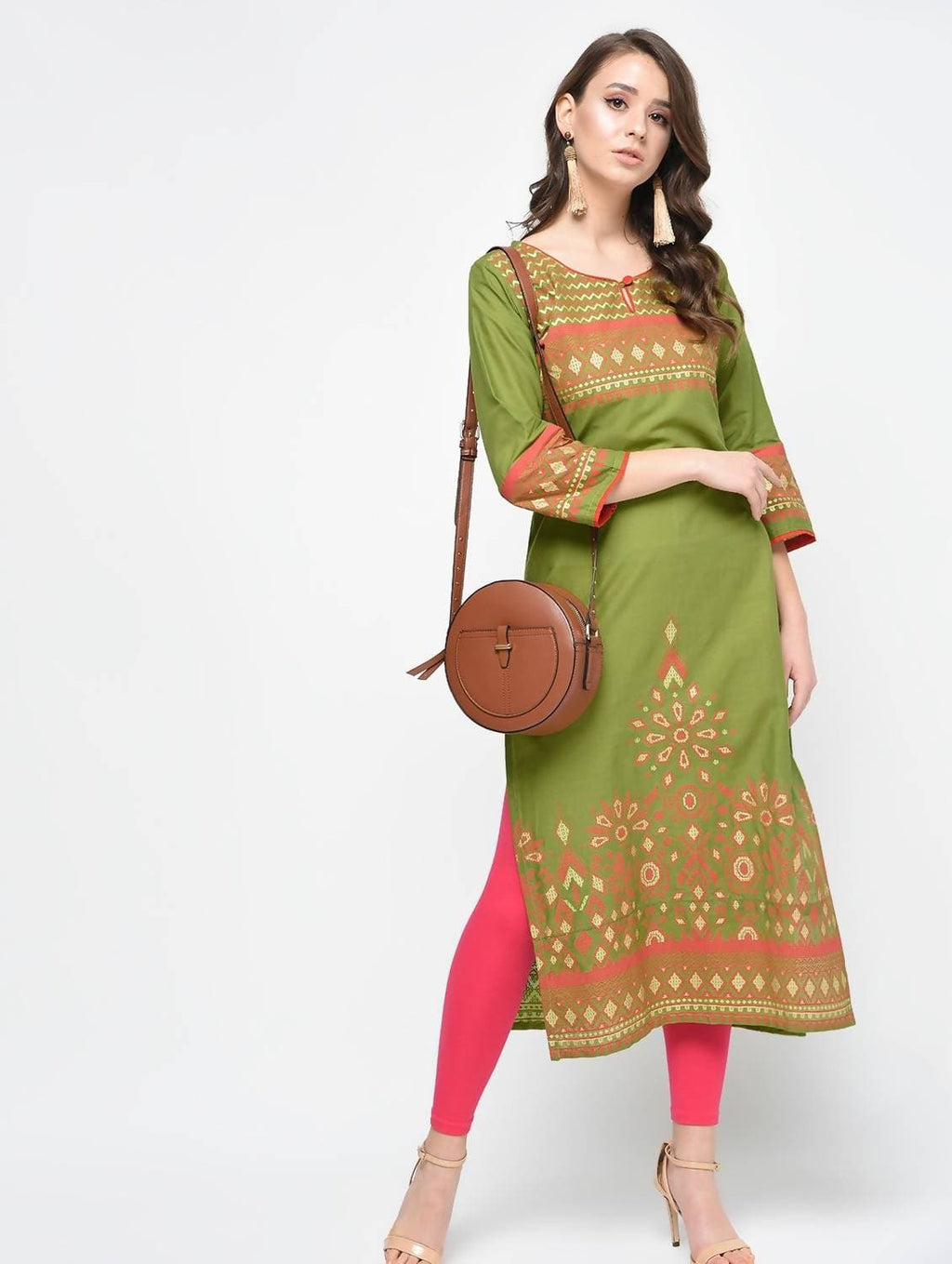 Cheera Hand Block Print Olive green Color Straight Kurta | Grocsy