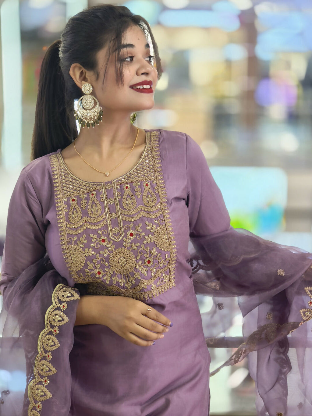 Vellora Light Lavender Silk Blend Embroidered Salwar Suit Set | Grocsy