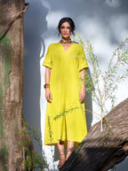 trueBrowns Lime Cotton Front Slit Dress | Grocsy