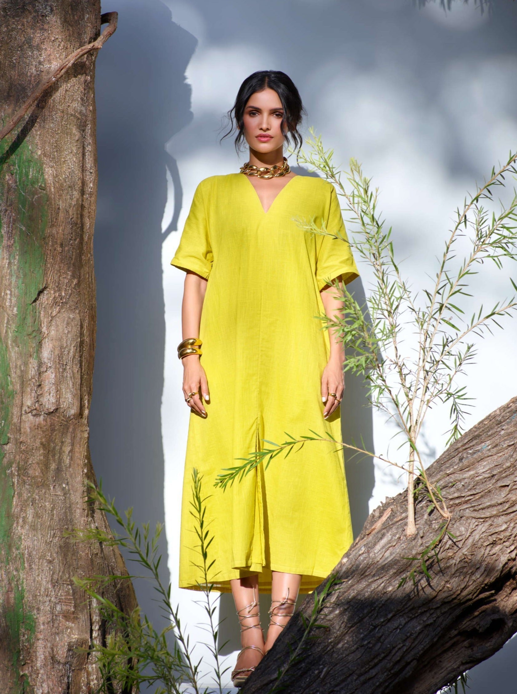 trueBrowns Lime Cotton Front Slit Dress | Grocsy