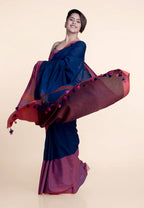 Suta Navy Blue Pink Colourblocked Mul Saree | Grocsy