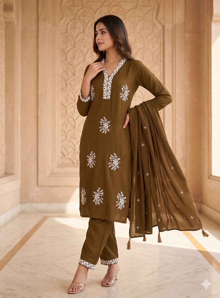 Teeya Creation Vibrant Gold Embroidered Kurti with Pant and Dupatta Set | Grocsy