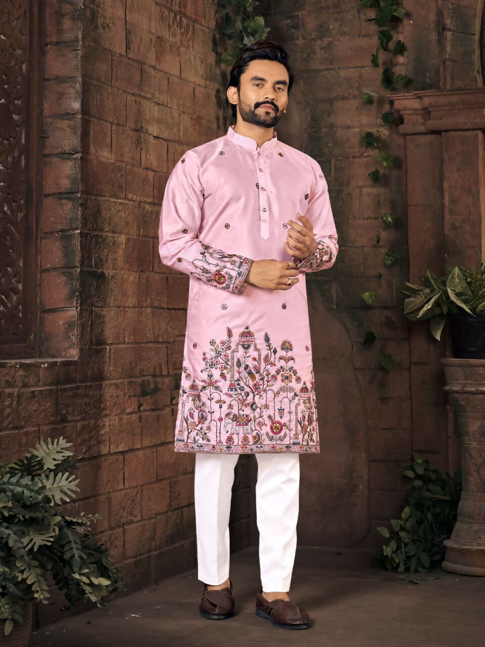 Anaita Pink Multi Thread Work Silk Straight Kurta | Grocsy