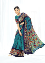 Blue Chanderi Cotton Floral Printed Saree With Unstitched Blouse Piece - Kathika | Grocsy