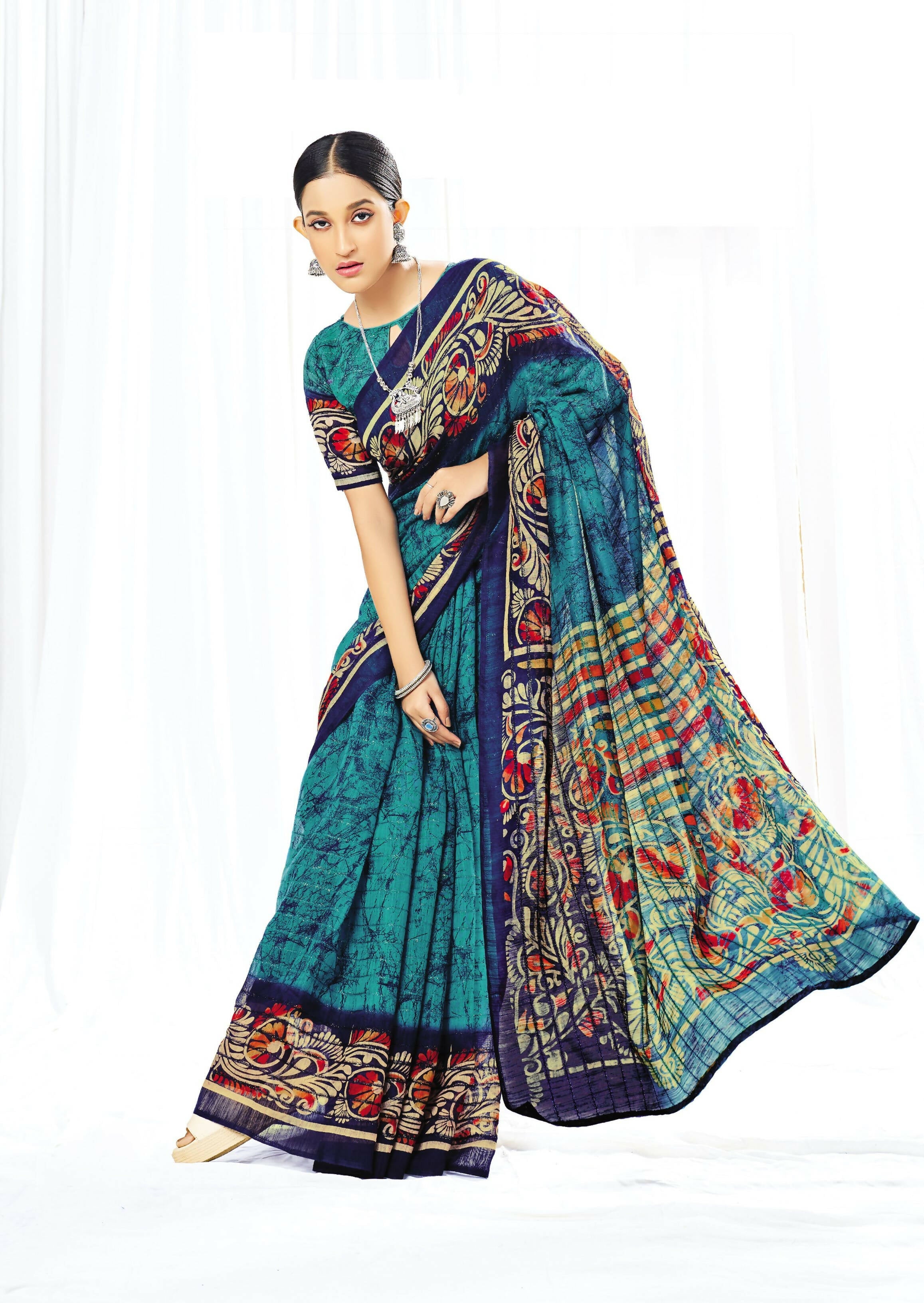 Blue Chanderi Cotton Floral Printed Saree With Unstitched Blouse Piece - Kathika | Grocsy