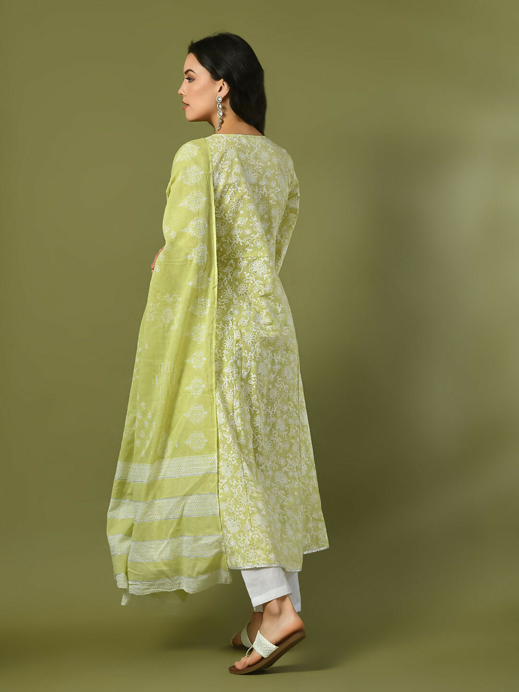 Myshka Women's Lime Green Printed Cotton Anarkali Party Kurta Set With Dupatta | Grocsy