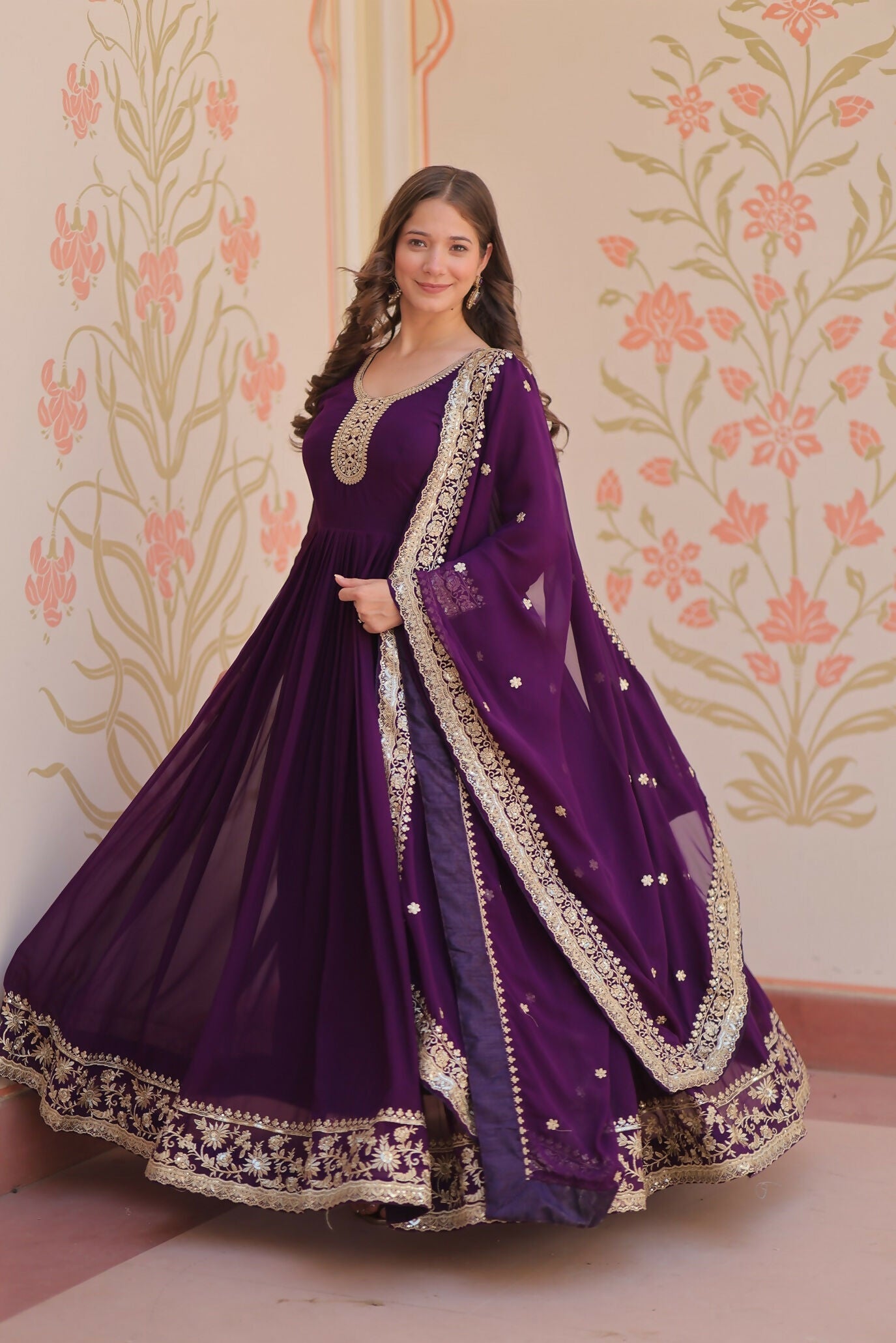 Joban Fashion Purple Georgette Sequence Embroidery Work Kurta Set | Grocsy